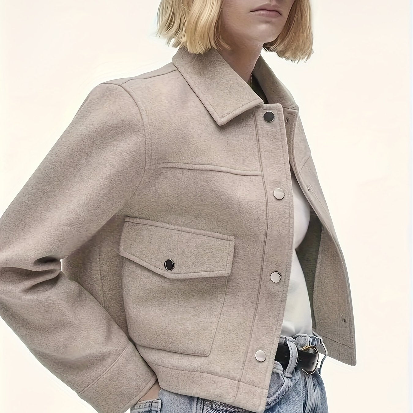 Cropped Black Jacket Women Button Front Long Sleeve