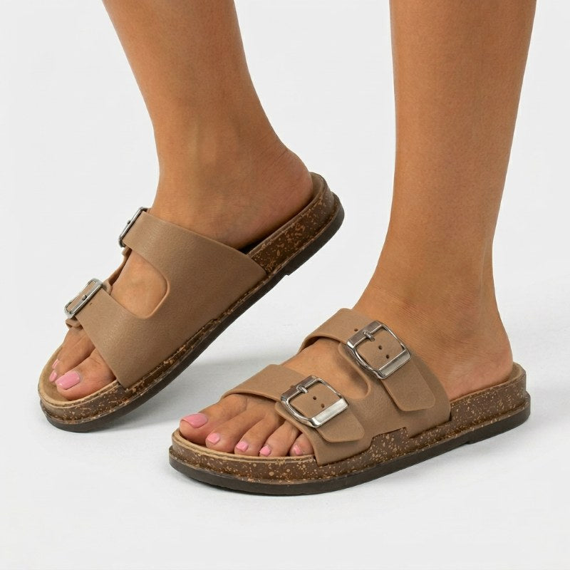 Women's comfortable summer sandals double strap buckle - Brun