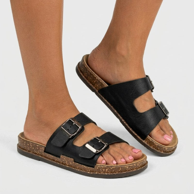 Women's comfortable summer sandals double strap buckle - Svart