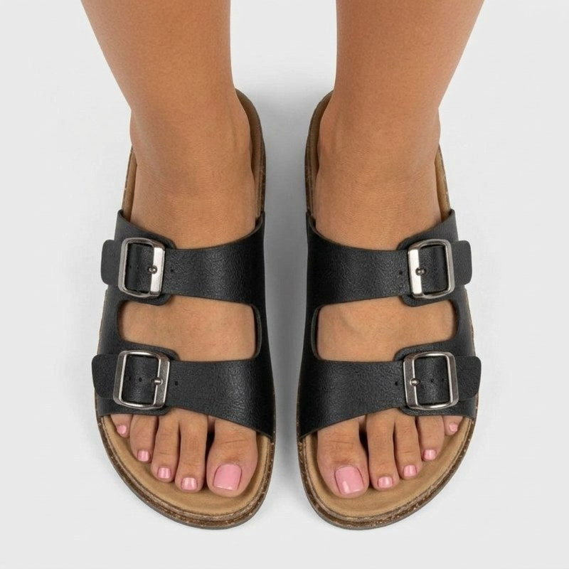 Women's comfortable summer sandals double strap buckle - Svart